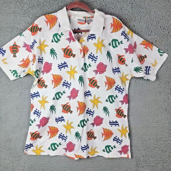 Picone Sport Polo Shirt Womens Large Tropical Fish Colorful 100% Cotton Collared - Picture 1 of 15